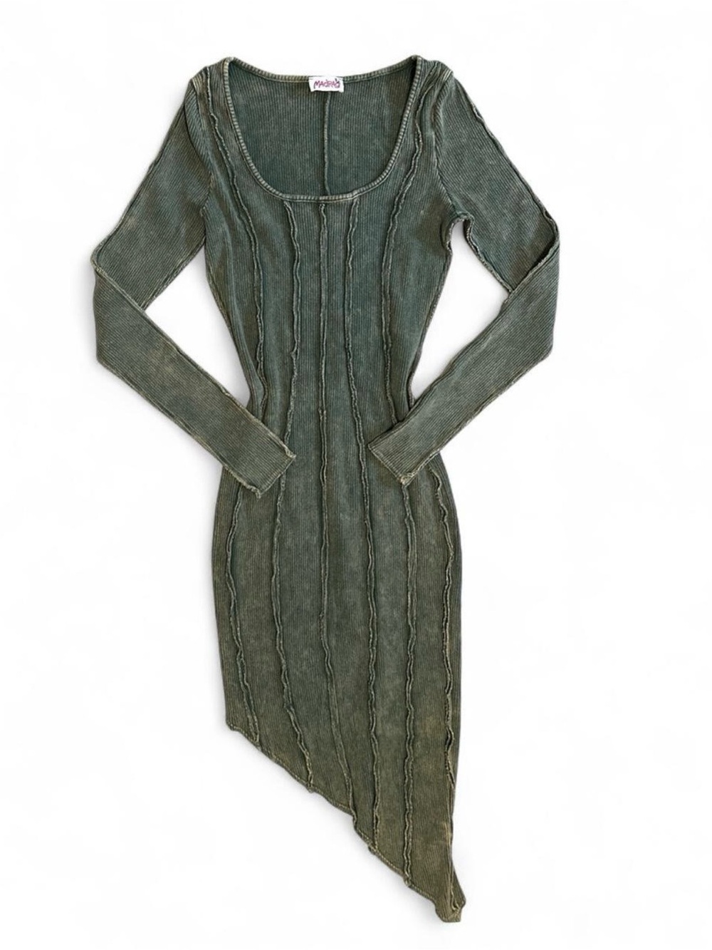 Women’s Y2K Style MadRag Green Ribbed Bodycon Asymmetrical Long Sleeve Midi L